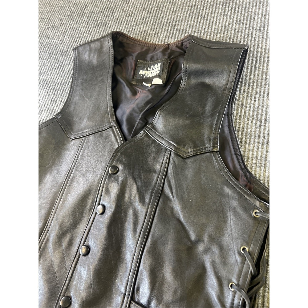 All American Rider Leather Motorcycle Vest Large Black Made in‎ USA Tie Side